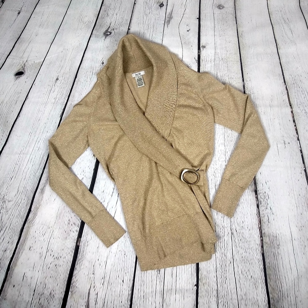 Cache Open Shoulder Gold Buckle Wrap Sweater M